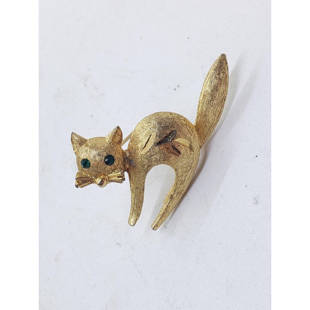 Vintage Mamselle Cat Brooch Pin Green Rhinestone Eyes 10 Gold Plated Signed - Picture 9 of 10